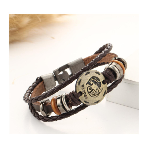 12 Constellation Zodiac Charm Leather Bracelet Hand Made Men Women Unisex Bangle - Picture 6 of 10